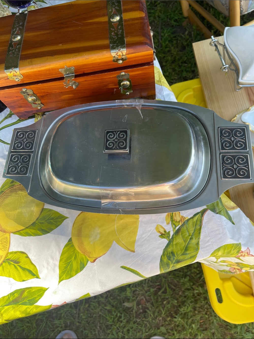 Gray Stainless Steel Serving Dish with Decorative Handles